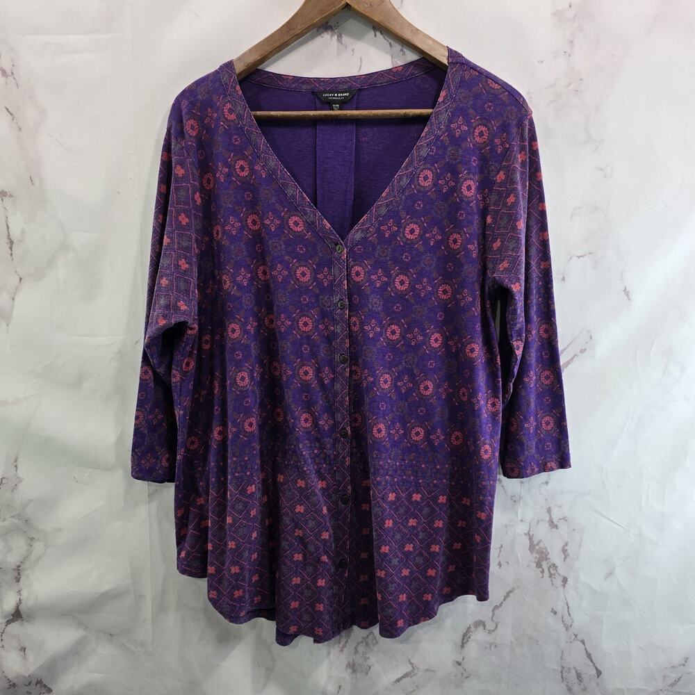 Lucky Brand Shirt Womens 1X Purple Red Long Sleeve Knit Tee Button Up Pattern
